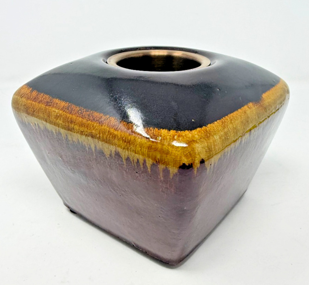 Vintage Studio Pottery Candle Holder Metal Insert Black Mustard Drip Glaze EUC